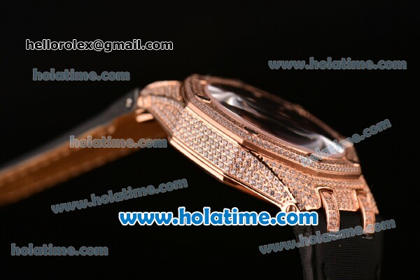 Audemars Piguet Royal Oak Lady Miyota OS2035 Quartz Rose Gold/Diamond Case with Black Leather Bracelet and Black Dial (EF) - Click Image to Close
